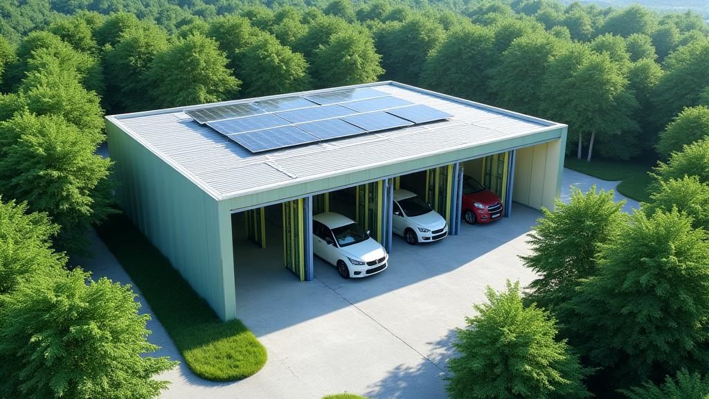 緑豊かな敷地に建てられたエコフレンドリーなセルフ洗車場