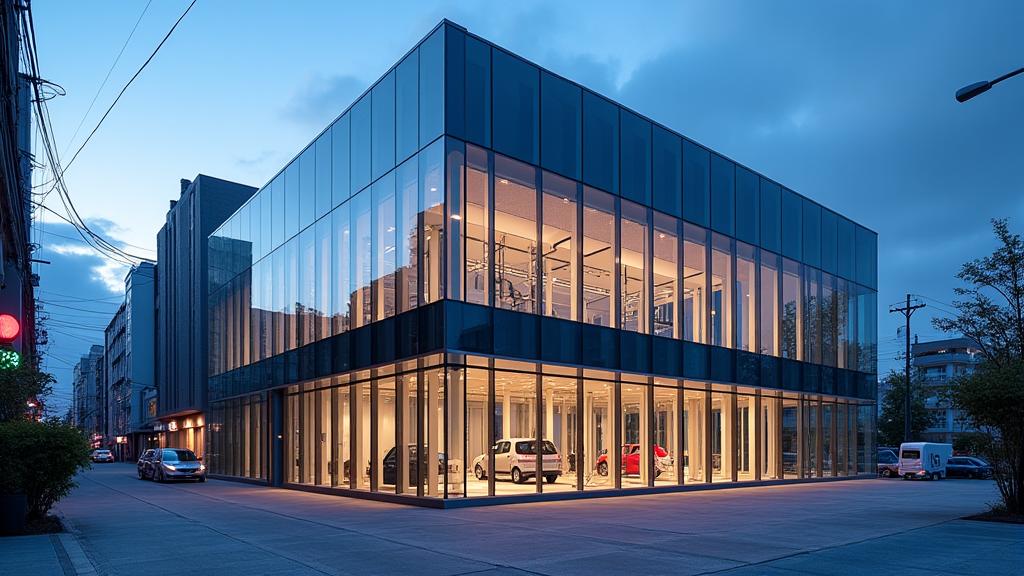 東京の都心に建つ、ガラス張りのモダンな洗車施設