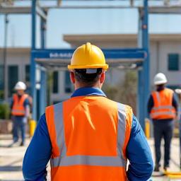 ヘルメットをかぶった現場監督が建設現場で指示を出している