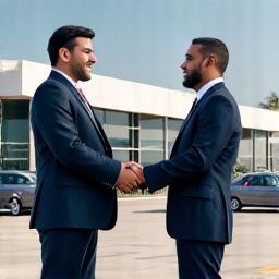 完成した洗車場の前で握手をするビジネスパーソン