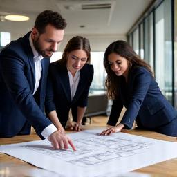 会議室で設計図を広げて打ち合わせをする人々