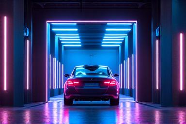 ユニークな照明が特徴の洗車場の内装