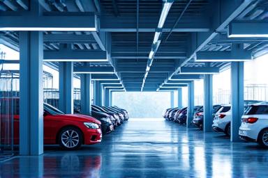 整然と並んだセルフサービス洗車ベイ